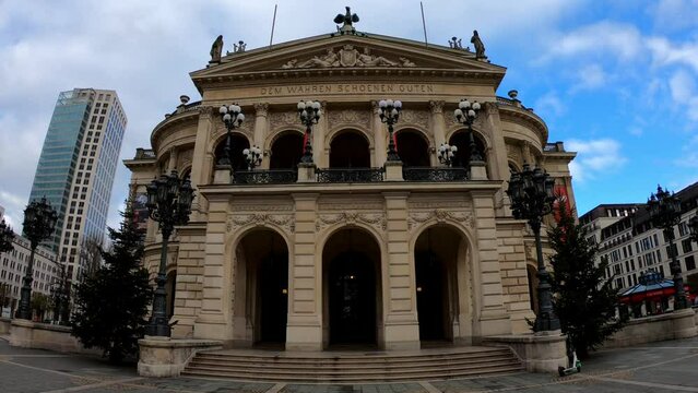 Frankfurt am Main, Germany, December 7, 2021: SLOW MOTION - The original opera house in Frankfurt is now the Alte Oper (Old Opera), a concert hall, and former opera house in Frankfurt, Hesse.