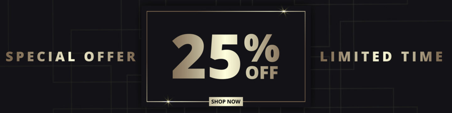 25 off sale banner. Special offer limited time 25 percent off. Sale discount offer. Luxury promotion banner with golden typography twenty five percent discount on black background. Vector illustration