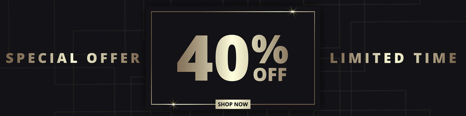 40 off sale banner. Special offer limited time 40 percent off. Sale discount offer. Luxury promotion banner with golden typography forty percent discount on black background. Vector illustration