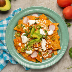 Red chilaquiles with cheese and avocado. Mexican food