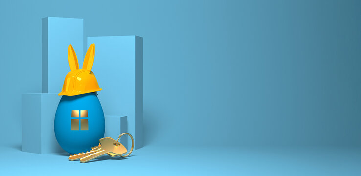 Yellow protective helmet with rabbit ears and an egg colored as a symbolic house. Creative Easter template for a construction, architectural or a real estate company.