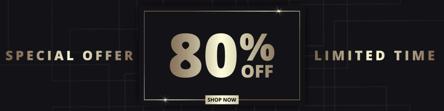 80 off sale banner. Special offer limited time 80 percent off. Sale discount offer. Luxury promotion banner with golden typography eighty percent discount on black background. Vector illustration