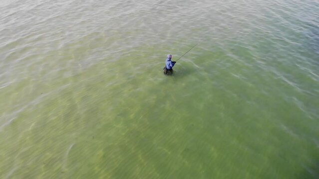 Luftaufnahme von Angler mit Angel in Wathose im Wasser bei Sonne watend per Drohne mit Schwenk gefilmt