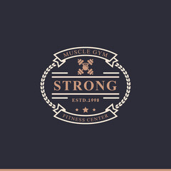 Fototapeta premium Vintage Retro Badge Fitness Center and Sport Gym Logos typographic with Sport Equipment Signs and Silhouettes