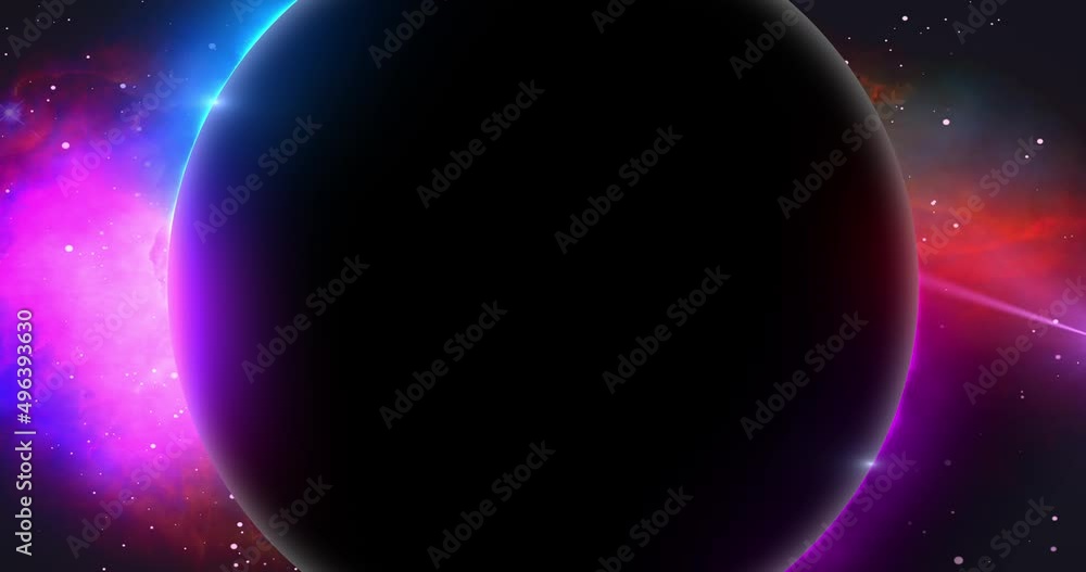 Poster a silhouetted planet floats in a colorful nebulae in space creating a circular frame for titles, tex