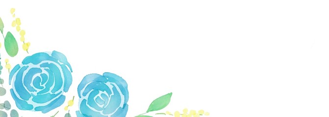 水彩画。水彩タッチの草木と花のフレーム。青い薔薇の装飾フレーム。透明水彩で描いた植物。Watercolor painting. Frame of plants, trees and flowers with watercolor touch. Decorative frame with blue roses. Plants painted with transparent watercolor.