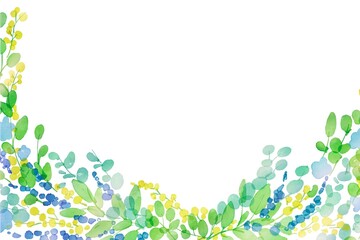 水彩画。水彩タッチの草木と花のフレーム。ラベンダーとミモザの装飾フレーム。透明水彩で描いた植物。Watercolor painting. Frame of plants, trees and flowers with watercolor touch. Decorative frame of lavender and mimosa. Plants painted with transparent 