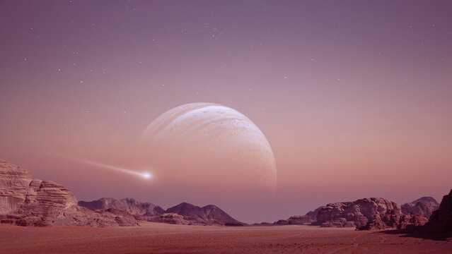 Landscape of an exoplanet with planets in the sky. Photomontage