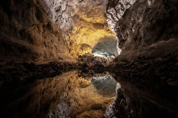 Optical illusion - water reflection in Cueva de los Verdes, an amazing lava tube and tourist attraction on Lanzarote island, Spain