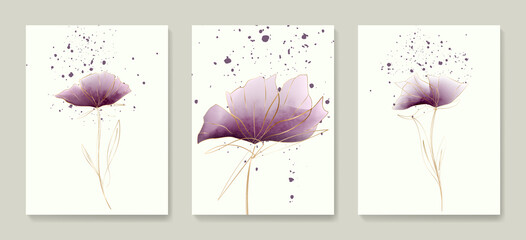 Floral watercolor background in art line style with golden elements. Botanical poster set for interior design, invitation, print, decor