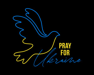Fototapeta na wymiar Vector illustration of Blue and Yellow flying bird dove as a symbol of peace with Pray For Ukraine lettering isolated on black background. Stop War concept.