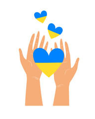 Vector illustration of human hands holding Blue and Yellow heart shaped flags of Ukraine isolated on white background.