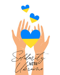 Vector illustration of human hands holding Blue and Yellow heart shaped flag of Ukraine with Solidarity with Ukraine lettering isolated on white background