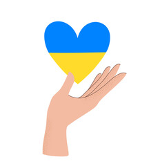 Vector illustration of human hand holding Blue and Yellow heart shaped flag of Ukraine. Stop War concept isolated on white background.