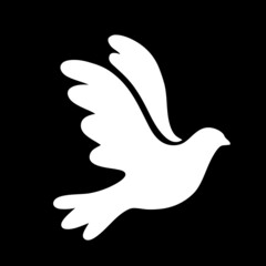 Vector illustration of white flying bird dove as a symbol of peace isolated on black background. Flat style icon