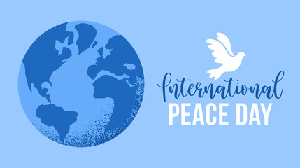 Vector illustration of Earth globe with flying bird dove as a symbol of peace. International Peace Day handrawn lettering