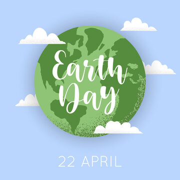 Vector illustration of Earth globe with clouds. Happy Earth Day lettering. Concept of World Environment Day, recycle, sustainability, ecological zero waste lifestyle