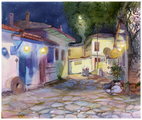 Traditional watercolor painting of a Turkish village Sirinçe in the night. Romantic evening landscape, village resorts at night, city lights. Stone road. Ultramarine dark sky. Artwork for posters