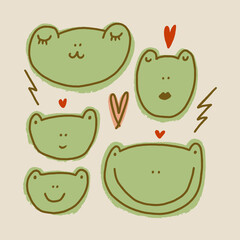 Funny childish cute friendly baby frog minimalist illustration in kawaii style