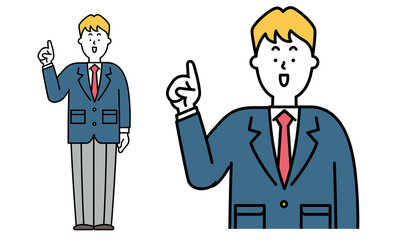 差し指を立てている制服を着た男子高校生の全身イラスト素材。