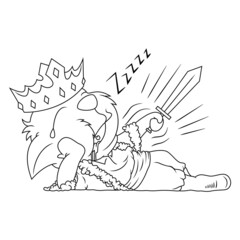 Coloring illustration of cartoon sleepy king cat