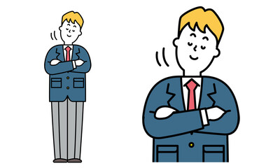 腕組みしてうなずく制服を着た男子高校生の全身イラスト素材。