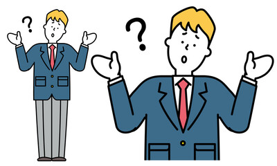 首を傾げてWhy?のポーズをする制服を着た男子高校生の全身イラスト素材。