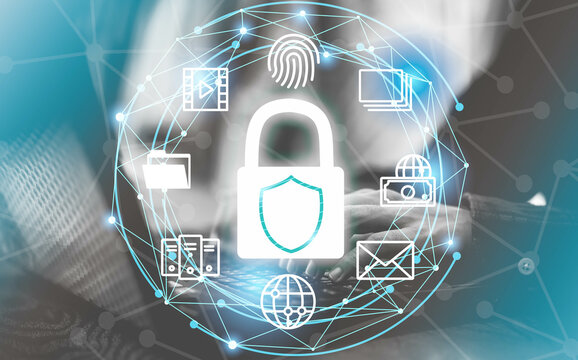 Internet network security.Cyber digital security protection and lock from hacker scammer.Network connection with shield guard to protected from cyber attacks. Network security system concept.Identity.