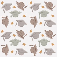 College graduation cap seamless pattern, student celebration hat endless background template, square mortarboard repetitive vector illustration design, repeat doodle style wallpaper