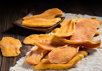 Close up of candied mango on sackcloth