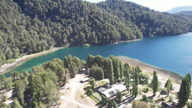Flying over Nahuel Huapi National Park near Villa la Angostura (Spanish for Town of the Narrowing), Neuquen Province, Argentina, South America. 4K Resolution.