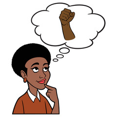 Black Woman thinking about Revolution - A cartoon illustration of a Black Woman thinking about a Revolution movement.