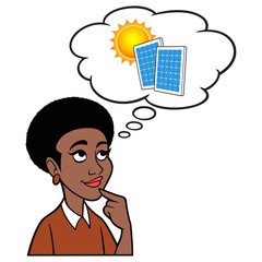 Black Woman thinking about Solar Panels - A cartoon illustration of a Black Woman thinking about Solar Panels for her house.