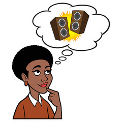 Black Woman thinking about Stereo Speakers - A cartoon illustration of a Black Woman thinking about a set of Stereo Speakers.