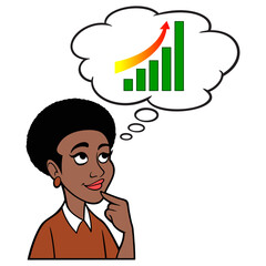 Black Woman thinking about Stock Market Gains - A cartoon illustration of a Black Woman thinking about Stock Market Gains.