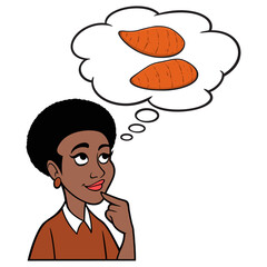Black Woman thinking about Sweet Potatoes - A cartoon illustration of a Black Woman thinking about Sweet Potatoes.