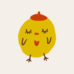 Cute Easter friendly baby chicken bird spring illustration in kawaii style