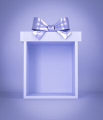 Blank pink pastel color present box or open gift box with lilac ribbon and bow isolated on lilac pastel color background with shadow minimal conceptual 3D rendering