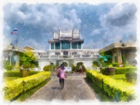 The landscape of the Grand Palace in Bangkok watercolor style illustration impressionist painting.