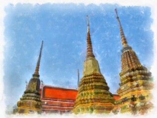 Fototapeta premium Landscape of Wat Pho in Bangkok Thailand watercolor style illustration impressionist painting.