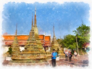 Naklejka premium Landscape of Wat Pho in Bangkok Thailand watercolor style illustration impressionist painting.