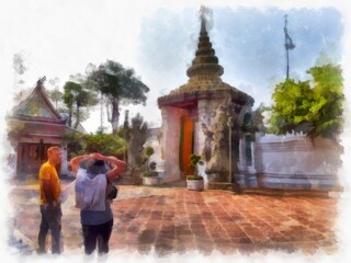Fototapeta na wymiar Landscape of Wat Pho in Bangkok Thailand watercolor style illustration impressionist painting.