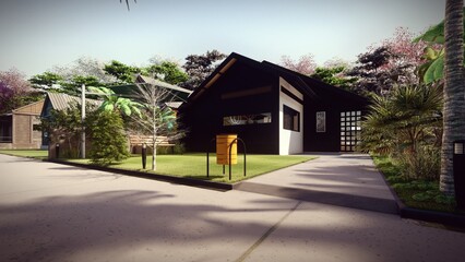 Fototapeta na wymiar tropical house in the village 3d illustration 