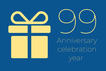 99 logo. 99 years anniversary celebration text. 99 logo on blue background. Illustration with yellow gift icon. Anniversary banner design. Minimalistic greeting card.  ninety-nine  postcard