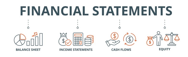 Financial statements banner web icon vector illustration concept with icon of graph, balance sheet, pie chart, income statements, money, calculator, income, earning, cash flow, equity, and balance