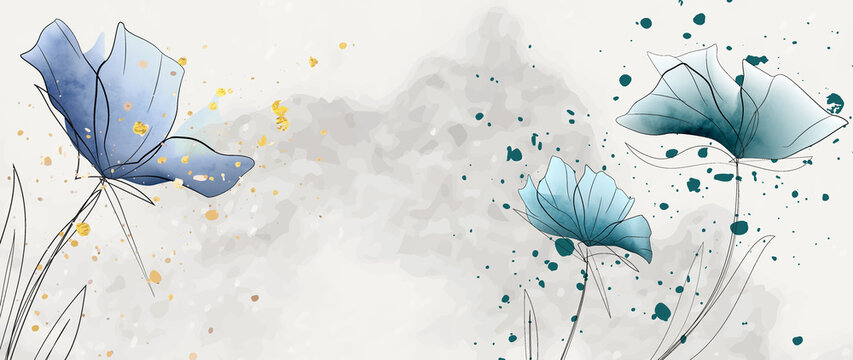 Minimalistic watercolor floral background with blue flowers in line style. Botanical vector art banner