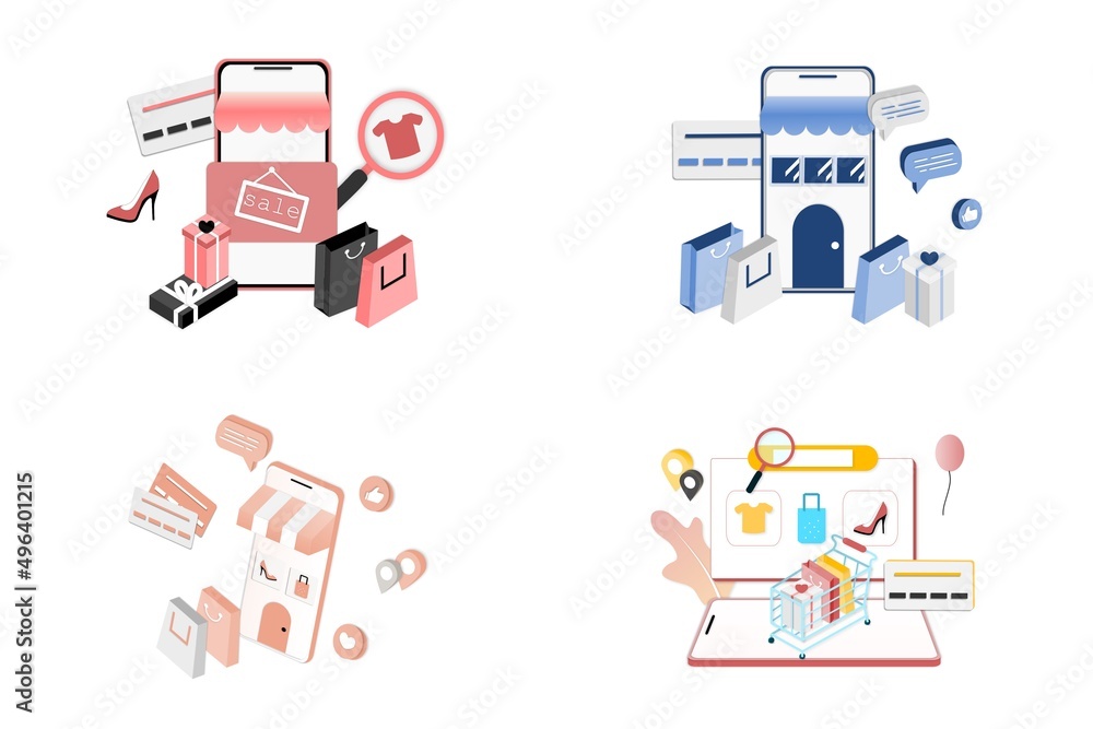 Poster set of 3d realistic online shopping on website or mobile application concept of vector marketing and