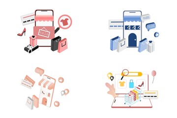 Set of 3D realistic online shopping on website or mobile application concept of vector marketing and digital marketing. Isometric templates for digital store promotion, online payment, big sale, ads.