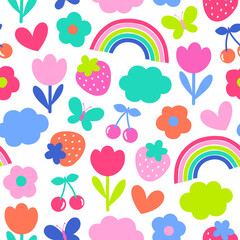 Fototapeta na wymiar Cute colorful hand drawn rainbow, fruit and floral seamless pattern background.
