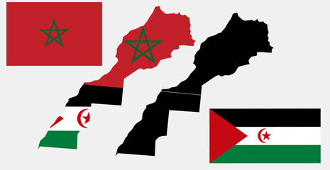 marocco western sahara map flag icon set - obrazy, fototapety, plakaty